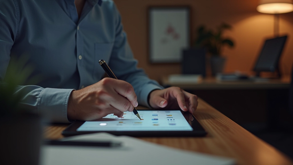 Designerin arbeitet an Icon-Variationen auf einem Tablet mit Stift, konzentriert auf Details