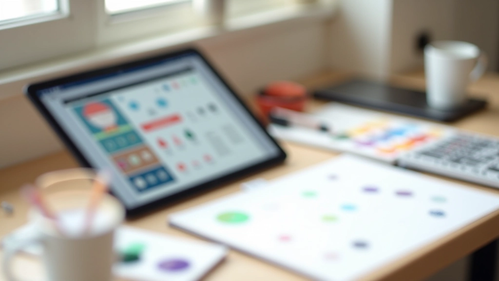 Moderne Grafiktafel mit verschiedenen Icon-Designs und Design-Tools auf dem Schreibtisch